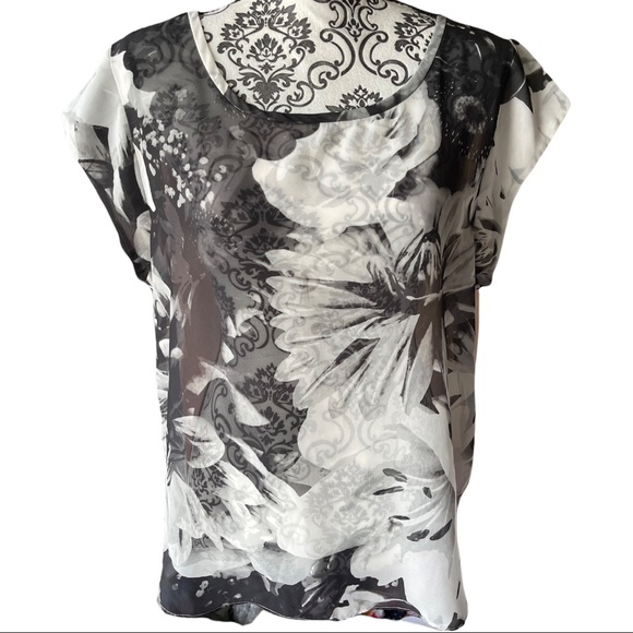 American Eagle - Sheer short sleeved blouse, white & black front,pink background - Picture 1 of 8